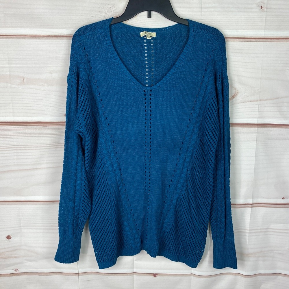Kori America Sweater Womens Small‎ Drop Shoulder Blue V-Neck Pullover Open Knit